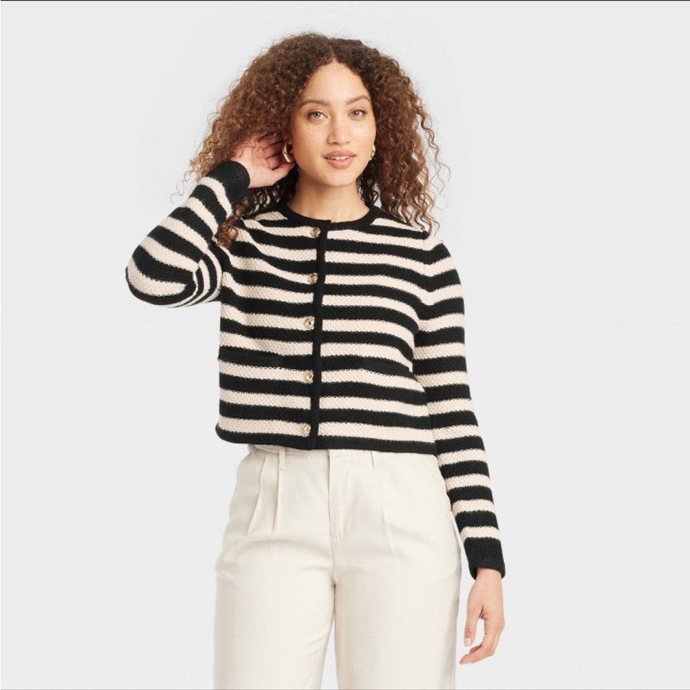 Women's Lady Cardigan - A New Day Black Striped